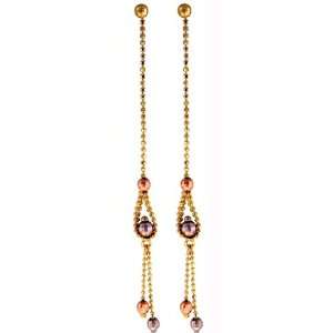  14KT Tri Color Tassel With Bead Earrings Gold and Diamond 