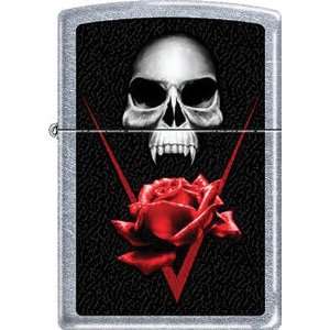  Red Rose and Death Skull Lady Biker Chrome Zippo Lighter 