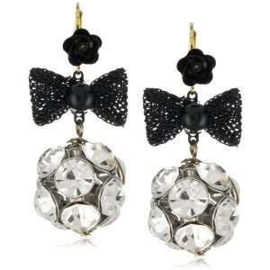  Betsey Johnson Black Bow and Crystal Ball Drop Earrings Jewelry