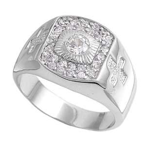 Sterling Silver Mens Ring   Clear CZ   5mm Band Width   16mm Face 