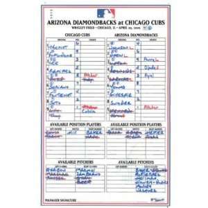 Diamondbacks at Cubs 4 29 2010 Game Used Lineup Card 