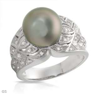 Ring With Precious Stones   Genuine Clean Diamonds and 10.7mm Tahitian 