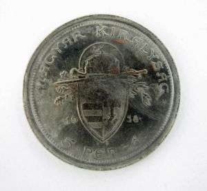 1938 MAGYAR KIRALYSAG SILVER 5 PENGO HUNGARY COIN  