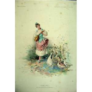  1886 Colour Print Adelina Music Woman Geese Country