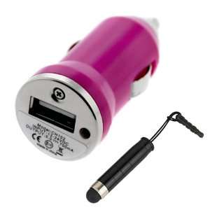 GTMax Hot Pink Mini USB Car Charger + Black Universal Stylus for HTC 