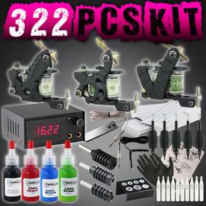 New 3 Guns Pro Tattoo Kit Power Supply Machine 50 Needles 4 Color 