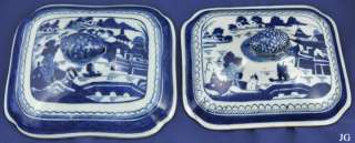 Chinese Canton Covered Dish Lids Blue & White 1800s  