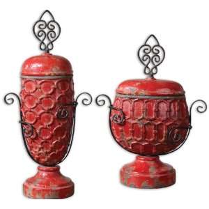 Uttermost 22 Ancel, S/2 Distressed, Crackled Faded Red With Antique 