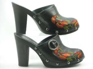 New TWO LIPS Black Embroidered Rose Clogs Mules Platform Heels 9 Sara 