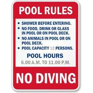  Pool Rules, Custom Hours, No Diving Polyethylene Signs, 24 