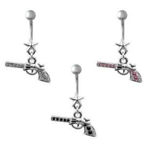 316L Surgical Steel   Clear Colored Gem   Pistol   Dangle Belly Rings 