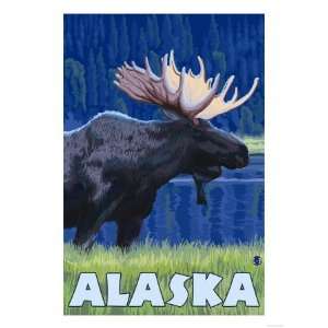  Alaska   Moonlight Moose Giclee Poster Print, 24x32