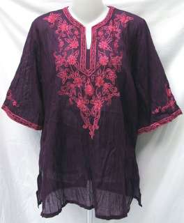 Gypsy Embroidered Flower 3/4 Sleeve TOP Shirt Sz XL Indian Boho  