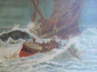 Antique 1800s Huge Original Seascape Sailing Ship Wreck Rescue Oil Art 