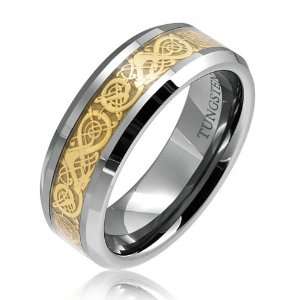   Comfort Fit Flat Wedding Band Ring w/ Celtic Dragon Gold Inlay Size 11
