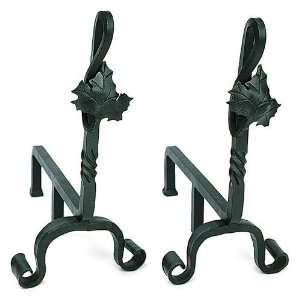Vintage Maple Leaf Fireplace Andirons Black Forged Wrought Iron Powder 