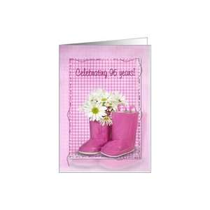  96th birthday, boots, daisy, gingham, birthday, pink Card 