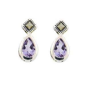  Sterling Silver Marcasite Small Purple Teardrop Earrings Jewelry