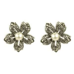  Marcasite Cherry Bloom with Faux Pearl Earrings Jewelry