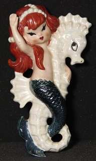 Vintage 1950s Lefton Mermaid Seahorse Wall Plaque # 3158  