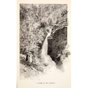 1894 Wood Engraving Waterfall Guyenne France Gorge Victorian Women 