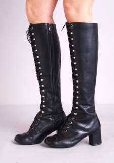 Vtg 60s 70s Black LACE UP TOGGLE Leather Mod High Heel Knee Go Go 