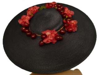 Vintage Navy Extra Wide Brim Straw Saucer Hat On Cap 1950’S Poppies 