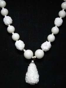 TRIFARI~Long Vintage Pendant Necklace~1940s Decorated Milk Glass 