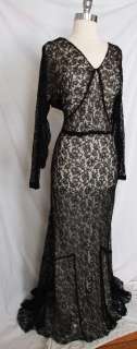 Vtg 30s Black Lace Bias Evening Gown Dress ~ Dolman Sleeve Party 