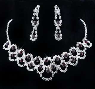 Wedding bridal party 1set Rhinestone crystal Necklace+Earring purple 