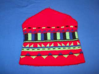 vintage 80S RED NEON GREEN BLACK ACRYLIC SKI SKIING KNIT WINTER HAT 