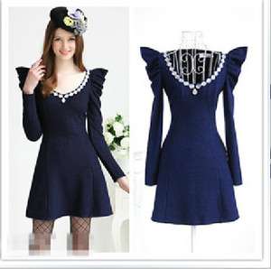 BLUE Slim Woolen Cloth Dress Dresses Tops  