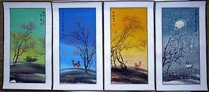chinese painting landscape a set of 4 seasons crane deer brush 