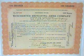 Winchester Stock Certificate 1929 Preferred 100 Shares  
