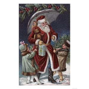  Christmas Greeting   Santa with Umbrella Giclee Poster 