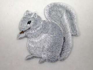 Grey Squirrel w Acorn Embroidered Iron On Patch  