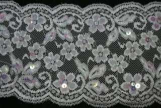 WHITE stretch trim BRIDAL LACE sequins 6 wide BTY  