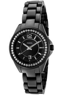 Fossil Watch CE1054 Womens Riley White Crystal Black Dial Shiny Black 