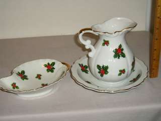 Vintage 50s Christmas Lefton China Holiday Holly Pitcher & 7 Bowl 