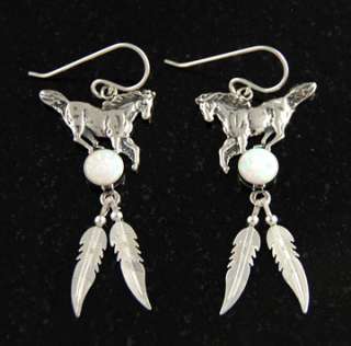 Lab Created White Opal Horse Feather Dangle Earrings Sterling Silver 