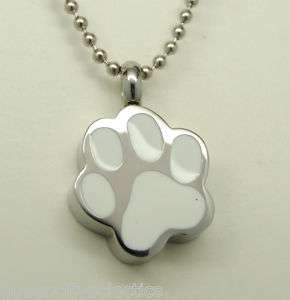 WHITE PAW PRINT PET CREMATION URN NECKLACE PETS PAWS STAINLESS DOG 
