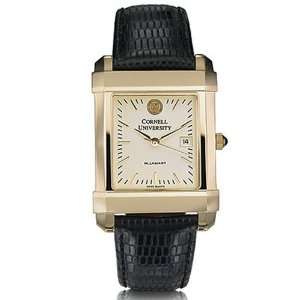 Cornell University Mens Swiss Watch   Gold Quad Watch with Leather 