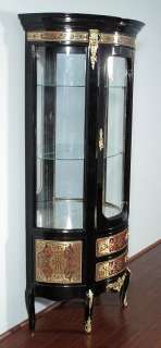 French Black Boulle Demilune Glass Curio Display Showcase Cabinet 