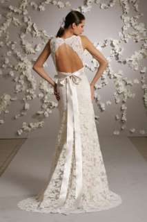   custom V neckline ivory lace A line Wedding Dress formal Gown bow sash
