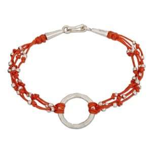  Sterling Silver Orange Cotton Waxed Thread Bracelet with 
