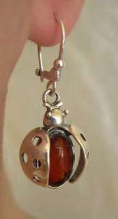 BALTIC CHERRY, HONEY or GREEN AMBER & STERLING SILVER LADYBUG EARRINGS 