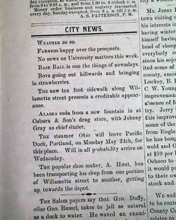 Rare EUGENE CITY OR Oregon State Old West1875 Newspaper  