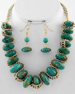   Blue Gold Tone Accent Statement Necklace and Earrings Set  