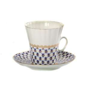  Lomonosov Tea Cup with Saucer, Dandelion, Cobalt Net 