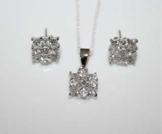 STERLING SILVER PRINCESS CUT & ROUND CUT CZ PENDANT AND EARRING SET 